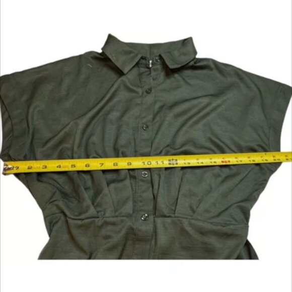 Luna Skies Button-Up Blouse Short Sleeve Utility Safari Olive Green Top Small - Picture 6 of 8